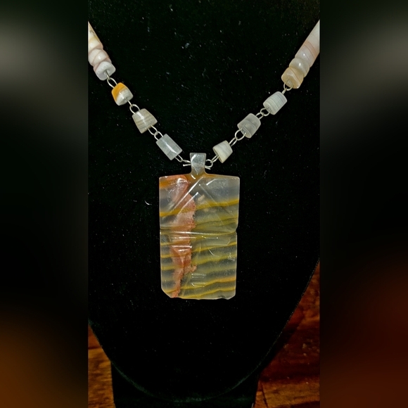Handcrafted Vintage Banded Onyx Statement Necklace 25" In Length. - Picture 6 of 10